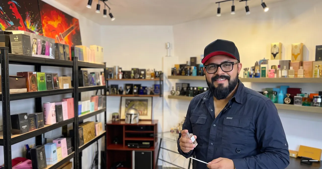 Jesús, dueño de El Barbón de los Perfumes, atendiendo en su tienda de perfumes árabes en Mérida, con los anaqueles llenos de fragancias detrás
